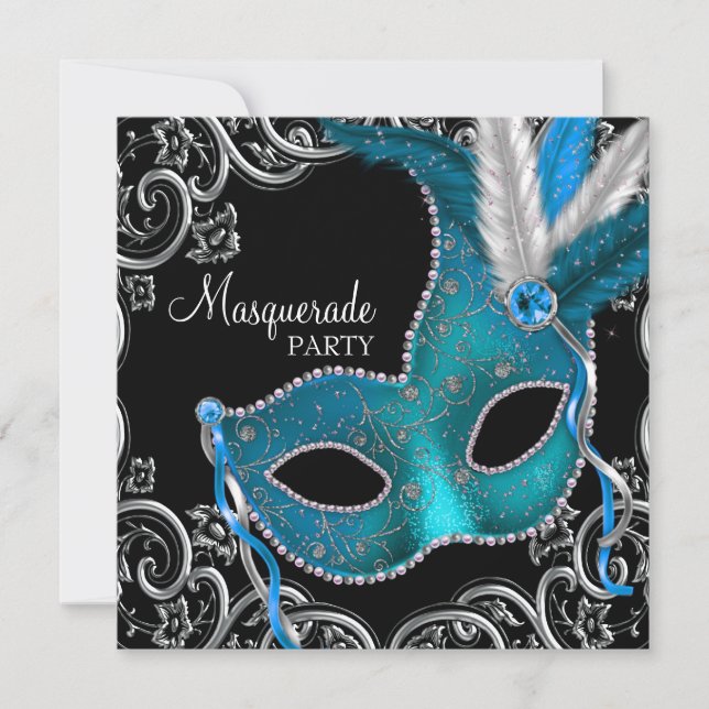 Invitación Fiesta de Máscaras Azul Teal Negro (Anverso)
