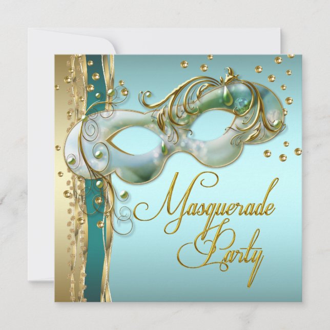 Invitación Fiesta de Máscaras Azul Turquesa Dorado (Anverso)