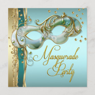 Invitación Fiesta de Máscaras Azul Turquesa Dorado