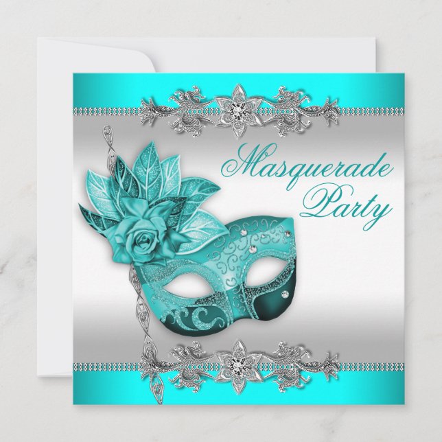 Invitación Fiesta de Máscaras Azul Turquesa Plateado (Anverso)