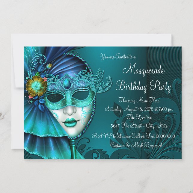 Invitación Fiesta de Máscaras Azul Verde (Anverso)