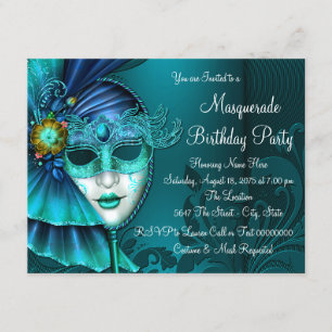 Invitación Fiesta de Máscaras Azul Verde