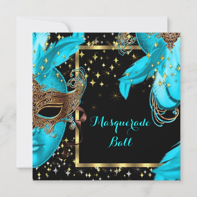Invitación Fiesta de máscaras azules Verde azuladas de bola d (Anverso)