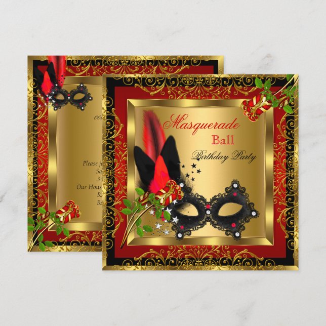 Invitación Fiesta de Máscaras Baile Máscara Dorada Roja Negra (Anverso / Reverso)