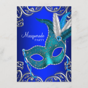 Invitación Fiesta de Máscaras con Azul Real y Azul Turquesa