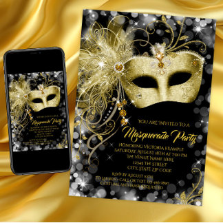 Invitación Fiesta de Máscaras con Brillantes de Oro Negro de 