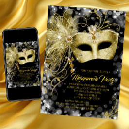 Invitación Fiesta de Máscaras con Brillantes de Oro Negro de