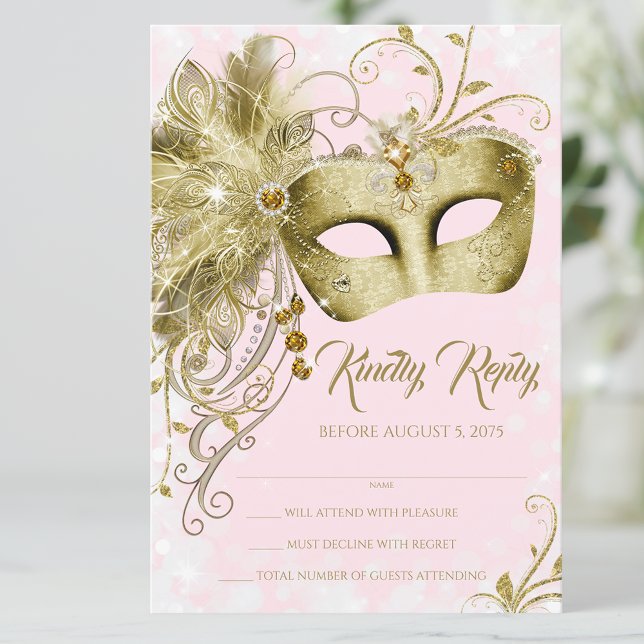 Invitación Fiesta de Máscaras con Brillo de Oro Rosa (Pretty pink gold masquerade party RSVP. You can change the text.)