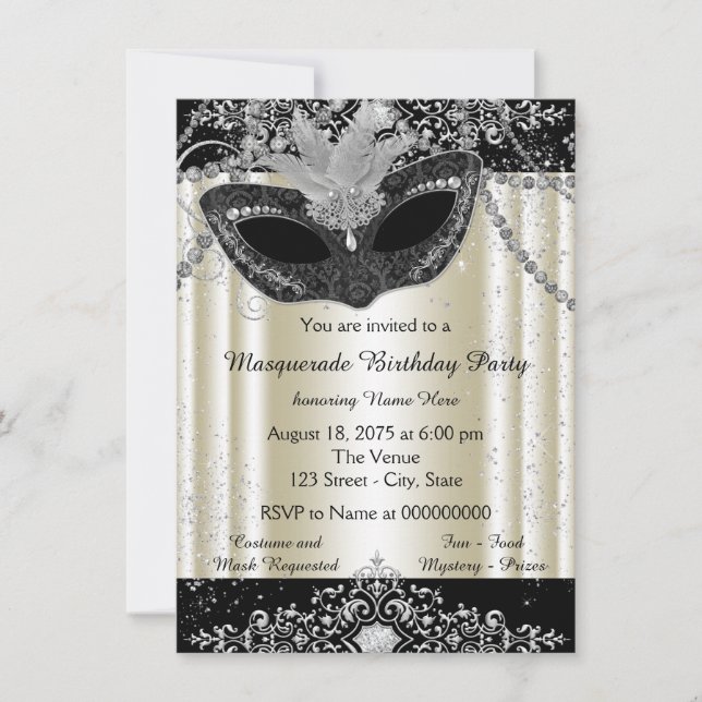 Invitación Fiesta de Máscaras con Brillo de Perla y Marfil (Anverso)