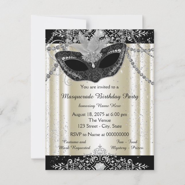 Invitación Fiesta de Máscaras con Brillo de Perla y Marfil (Anverso)