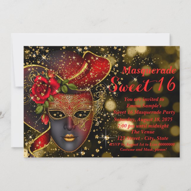 Invitación Fiesta de Máscaras con Brillo Rojo y Dorado (Anverso)