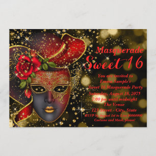 Invitación Fiesta de Máscaras con Brillo Rojo y Dorado
