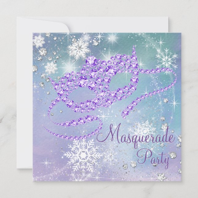 Invitación Fiesta de Máscaras con Copos de Nieve Azules Turqu (Anverso)
