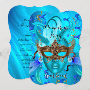 Invitación Fiesta de Máscaras con Máscara Dorada y Plumas Tea