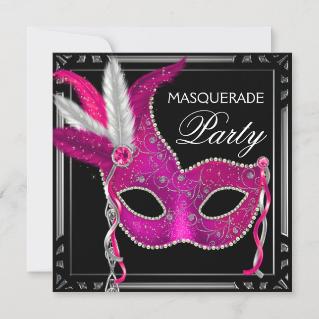 Invitación Fiesta de Máscaras con Rosa Caliente y Negro (Anverso)