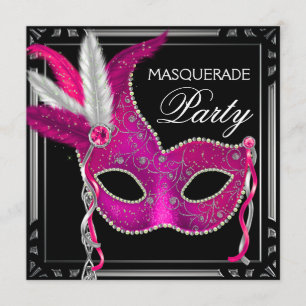 Invitación Fiesta de Máscaras con Rosa Caliente y Negro