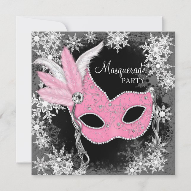 Invitación Fiesta de Máscaras Copo de Nieve Rosa (Anverso)