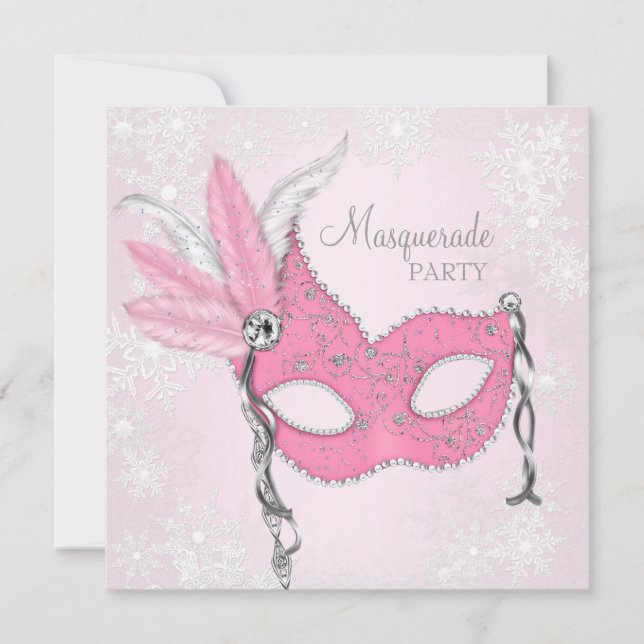 Invitación Fiesta de Máscaras Copo de Nieve Rosa (Anverso)