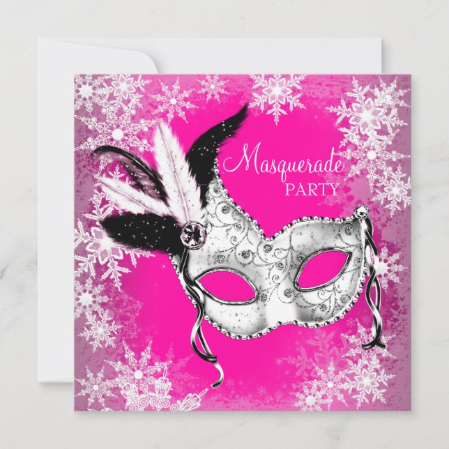 Invitación Fiesta de Máscaras Copo de Nieve Rosa (Anverso)