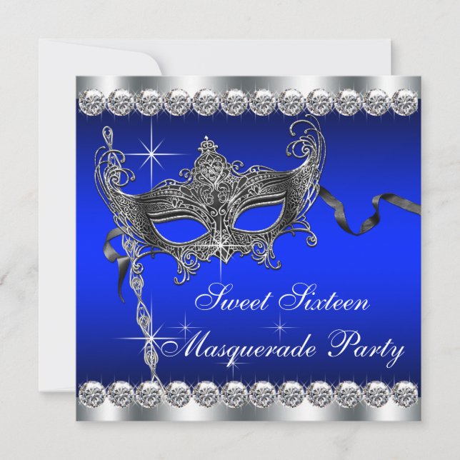 Invitación Fiesta de Máscaras Cumpleaños 16 Royal Blue (Anverso)