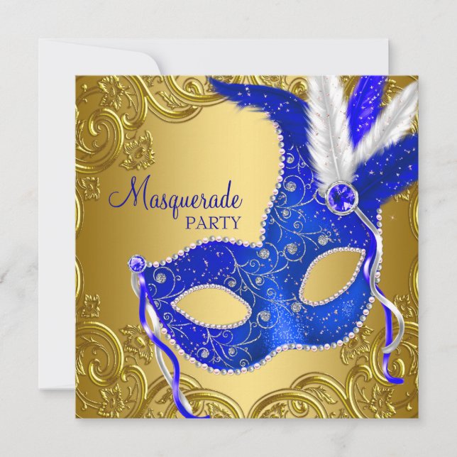 Invitación Fiesta de Máscaras de Azul Real y Dorado (Anverso)