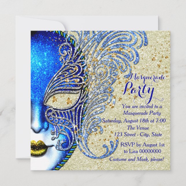 Invitación Fiesta de Máscaras de Azul Real y Dorado (Anverso)