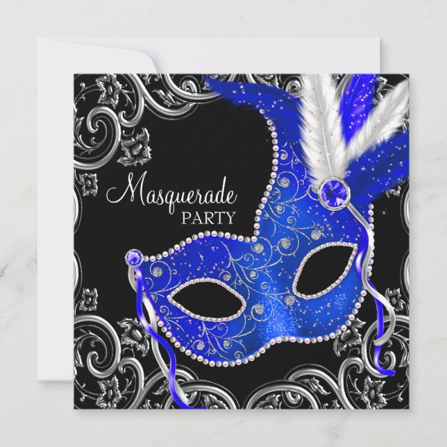 Invitación Fiesta de Máscaras de Azul Real y Negro (Anverso)