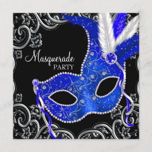 Invitación Fiesta de Máscaras de Azul Real y Negro