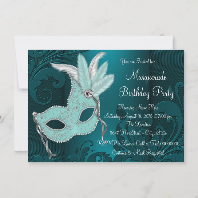Invitación Fiesta de Máscaras de Azul Teal Oscuro (Anverso)