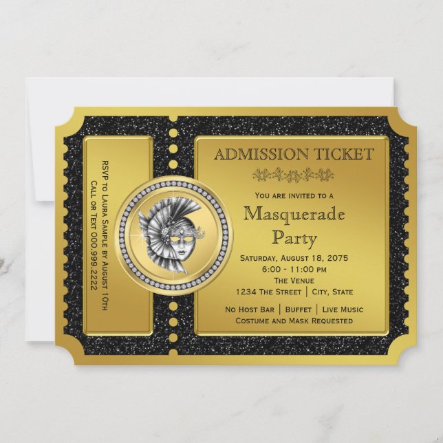 Invitación Fiesta de Máscaras de Boleto Dorado (Anverso)