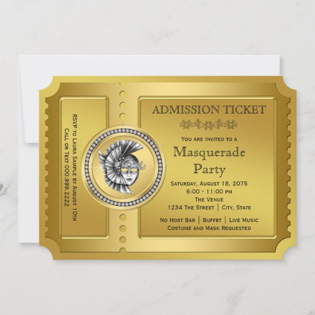 Invitación Fiesta de Máscaras de Boleto Dorado (Anverso)