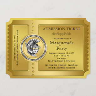 Invitación Fiesta de Máscaras de Boleto Dorado