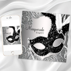 Invitación Fiesta de máscaras de color negro plateado