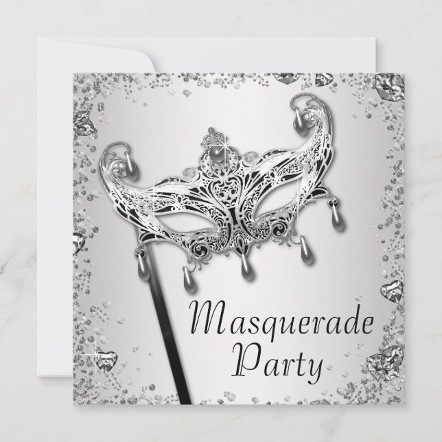 Invitación Fiesta de Máscaras de Confeti Plateado Blanco y Ne (Anverso)