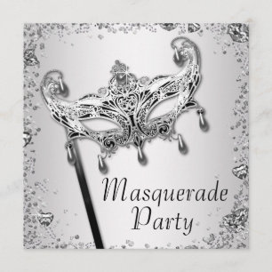 Invitación Fiesta de Máscaras de Confeti Plateado Blanco y Ne