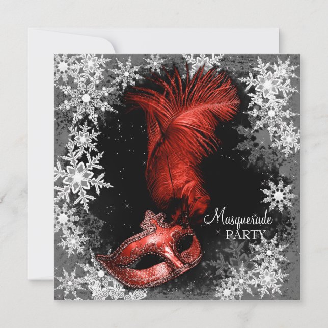 Invitación Fiesta de Máscaras de Copo de Nieve Rojo (Anverso)
