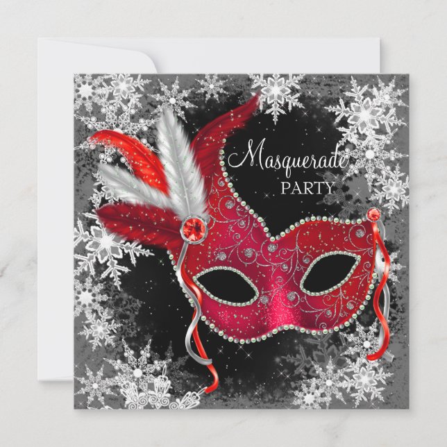 Invitación Fiesta de Máscaras de Copo de Nieve Rojo (Anverso)