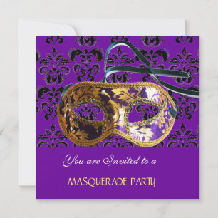 Invitación FIESTA DE MÁSCARAS DE DAMASCO morado azul