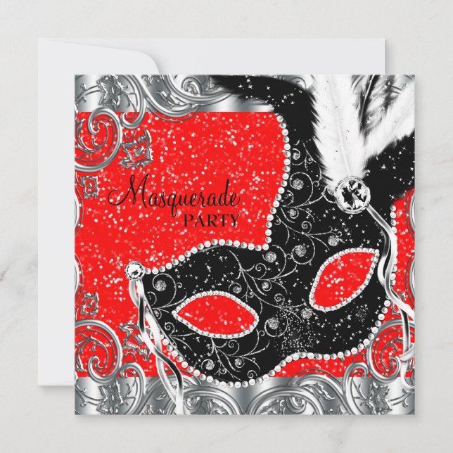 Invitación Fiesta de Máscaras de Disfraz de Rojo Plateado y N (Anverso)