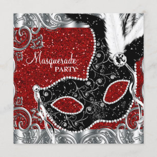 Invitación Fiesta de Máscaras de Disfraz de Rojo Plateado y N