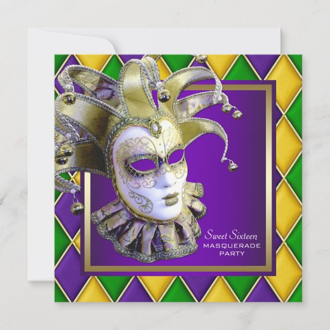 Invitación Fiesta de Máscaras de Dulces Dieciséis de Oro y Pú (Anverso)