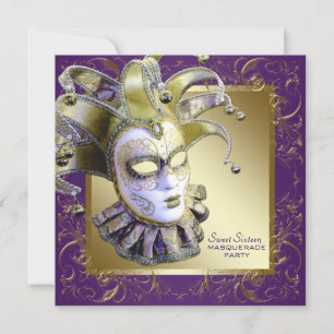 Invitación Fiesta de Máscaras de Dulces Dieciséis de Oro y Pú