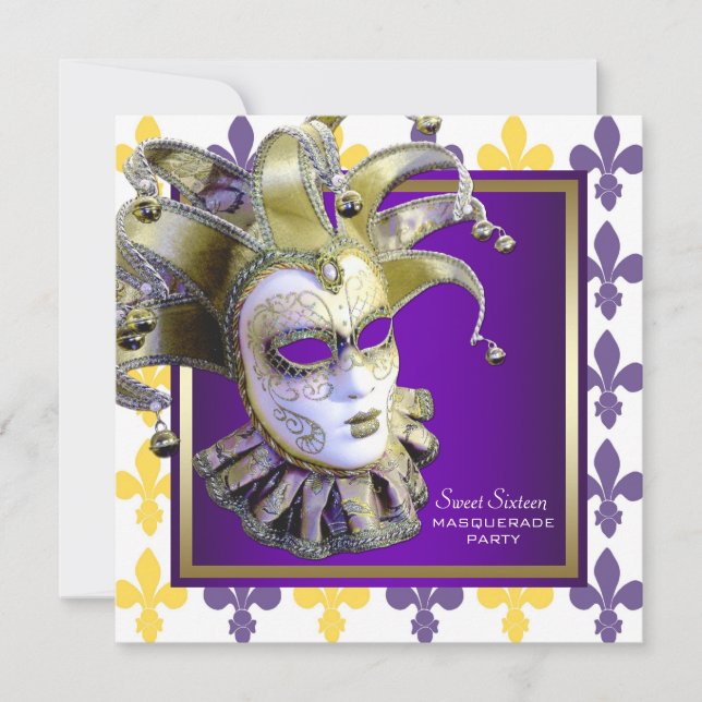 Invitación Fiesta de Máscaras de Dulces Dieciséis Dorado Púrp (Anverso)