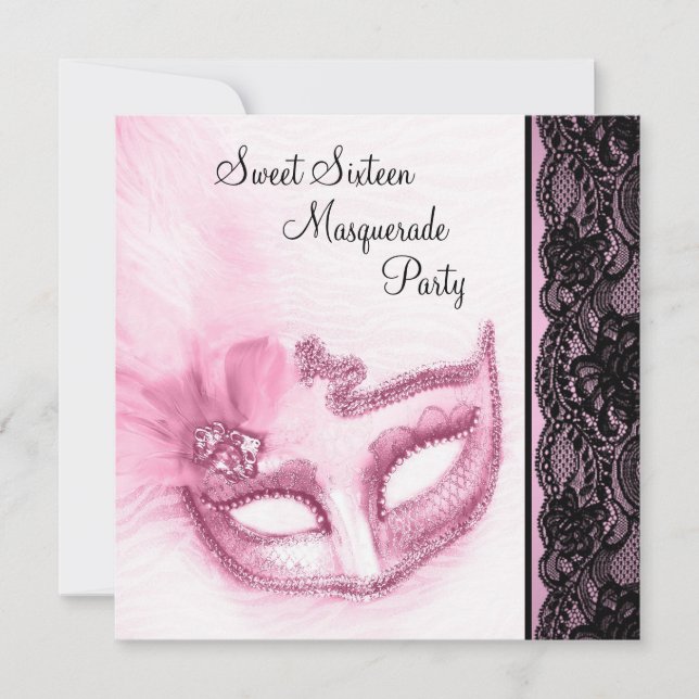 Invitación Fiesta de Máscaras de Dulces Dieciséis Rosa y Negr (Anverso)