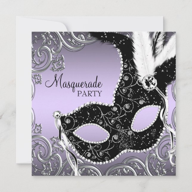 Invitación Fiesta de Máscaras de Lavanda y Negro (Anverso)