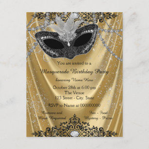 Invitación Fiesta de Máscaras de Lujo en Negro y Dorado