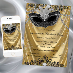 Invitación Fiesta de Máscaras de Lujo en Negro y Dorado