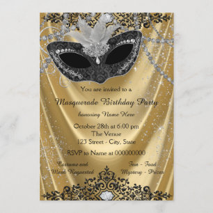 Invitación Fiesta de Máscaras de Lujo en Negro y Dorado