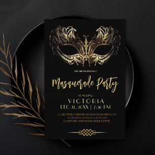 Invitación Fiesta de Máscaras de Lujo Negro Oro Cumpleaños 