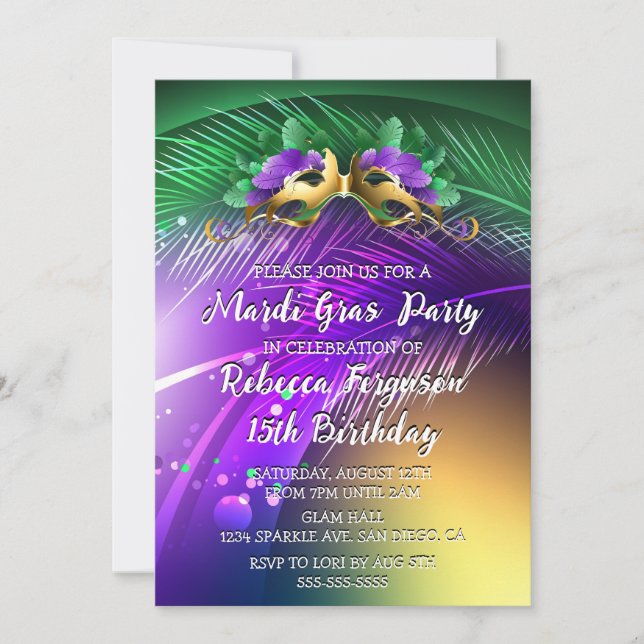 Invitación Fiesta de Máscaras de Mardi Gras (Anverso)